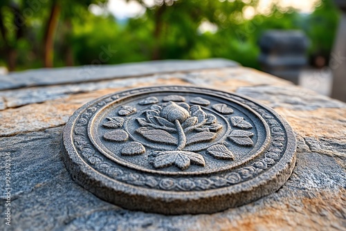 A close-up of a circular stone carving with a floral design. The stone is textured and the carving is intricate.