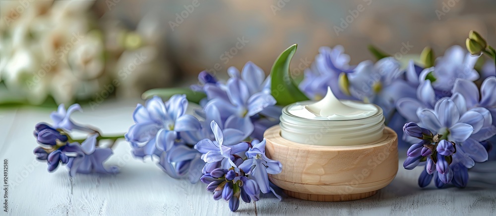 moisturizer containing hyacinth on a white wooden table. with copy space image. Place for adding text or design