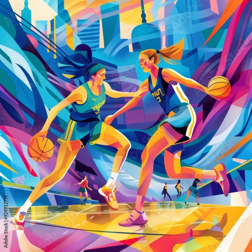 Dynamic Ukrainian Women in Action: 3x3 Basketball Illustration photo