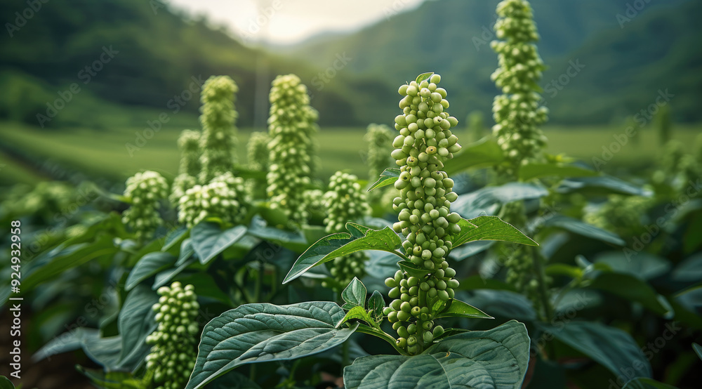Peppercorns are being cultivated in a lush green field. the thriving peppercorn plants. Generative AI. Peppercorns are being cultivated in a lush green field. the thriving peppercorn plants. Generative AI.