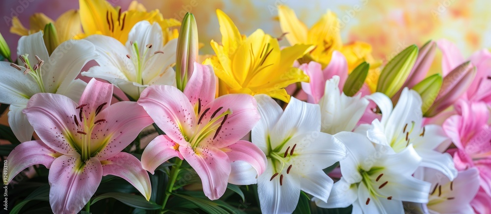 A bouquet of pink yellow and white lilies set against a white background. with copy space image. Place for adding text or design A bouquet of pink yellow and white lilies set against a white background. with copy space image. Place for adding text or design