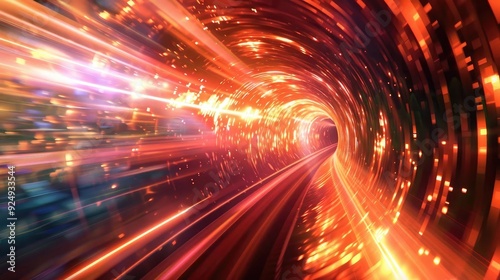 A vibrant burst of light streaks through a swirling tunnel, creating a sense of speed and motion in a futuristic setting.