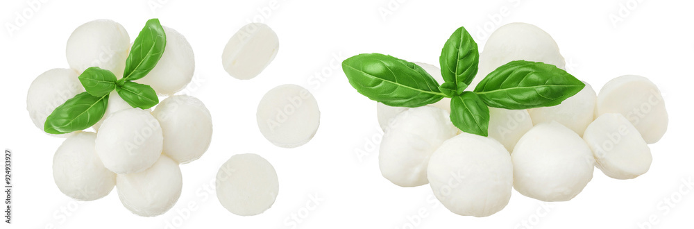 Mini mozzarella balls with basil leaf isolated on white background. Top view. Flat lay.