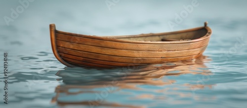small wooden boat replica on blue background. with copy space image. Place for adding text or design
