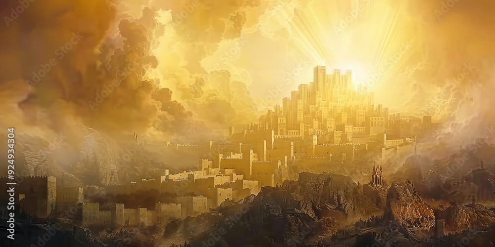 Obraz premium The New Jerusalem: The City of God Descending from Heaven - Picture a scene where the new Jerusalem descends from heaven, a city of pure gold, shining with the glory of God