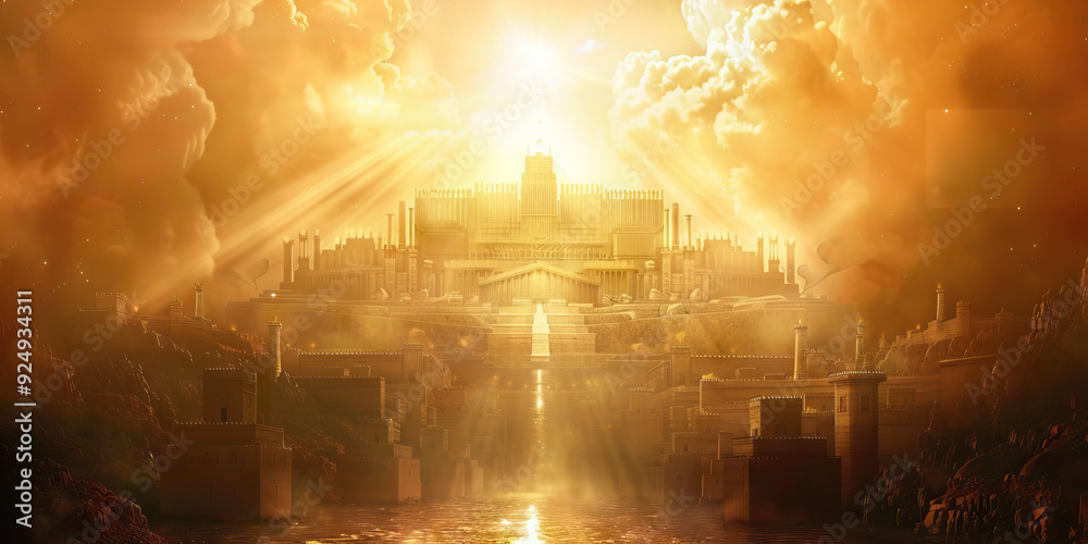 Naklejka premium The New Jerusalem: The City of God Descending from Heaven - Picture a scene where the new Jerusalem descends from heaven, a city of pure gold, shining with the glory of God