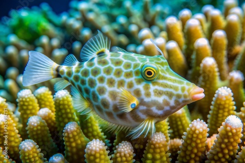 Tiny, translucent Monacanthus tuckeri filefish blending into coral reef surroundings, exhibiting remarkable camouflage abilities with adaptable coloration and shape to evade predators. photo