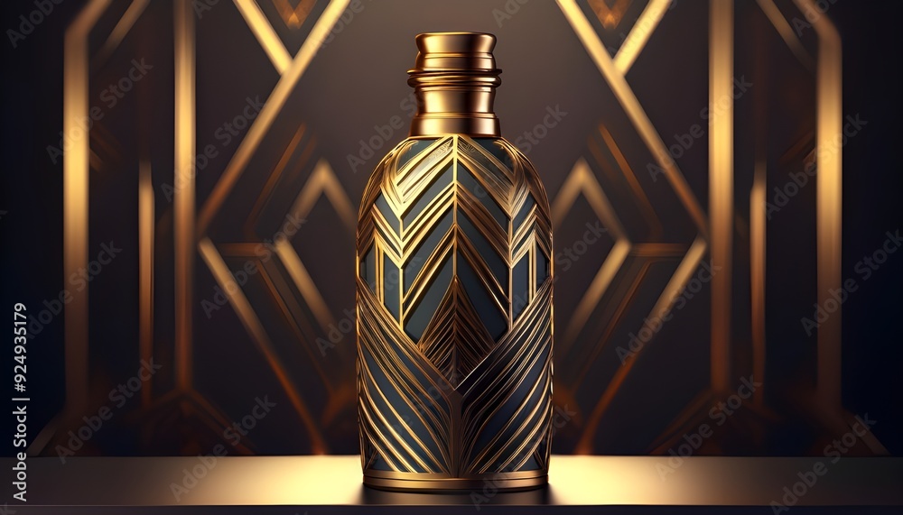 Design (2) Art Deco Bottle: Create a bottle with an Art Deco style, featuring geometric patterns and metallic accents. Design (2) Art Deco Bottle: Create a bottle with an Art Deco style, featuring geometric patterns and metallic accents.
