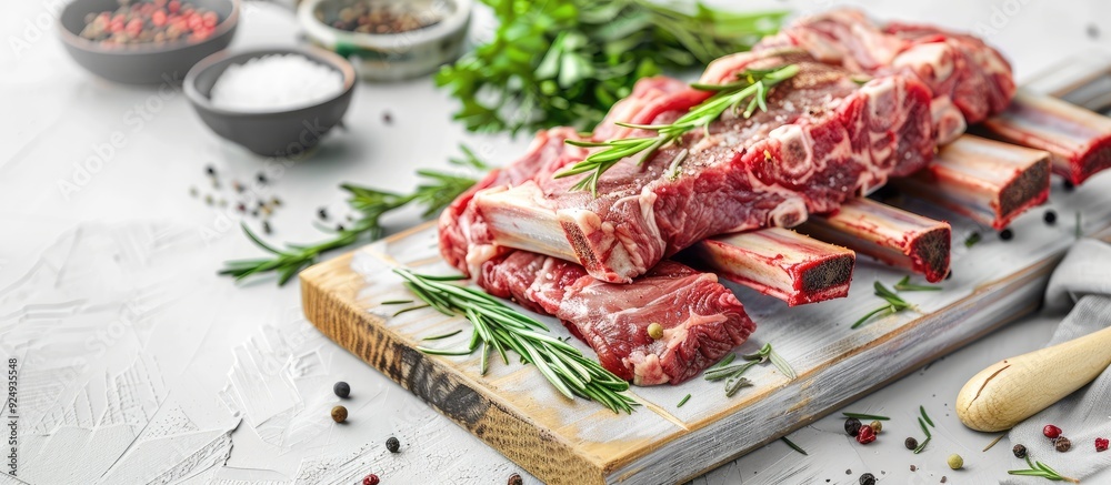 Rack of lamb and raw mutton ribs with spices on a kitchen table Isolated against a white background. with copy space image. Place for adding text or design Rack of lamb and raw mutton ribs with spices on a kitchen table Isolated against a white background. with copy space image. Place for adding text or design