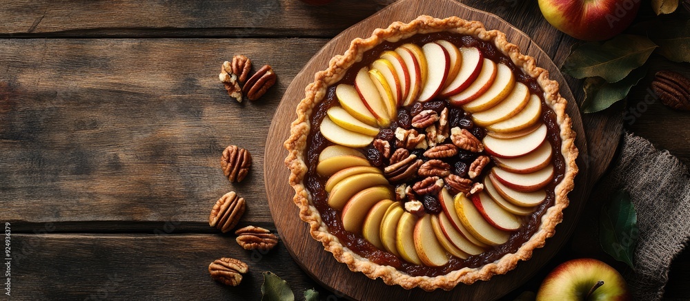 Apple pie tart featuring raisins nuts and cinnamon A classic dessert for Independence Day in the United States Rustic design Top view. with copy space image. Place for adding text or design Apple pie tart featuring raisins nuts and cinnamon A classic dessert for Independence Day in the United States Rustic design Top view. with copy space image. Place for adding text or design
