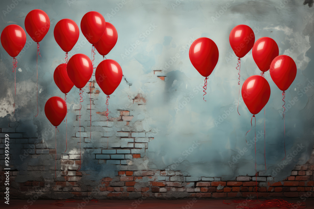 generated illustration of Red balloons bunch on a brick wall background. generated illustration of Red balloons bunch on a brick wall background.