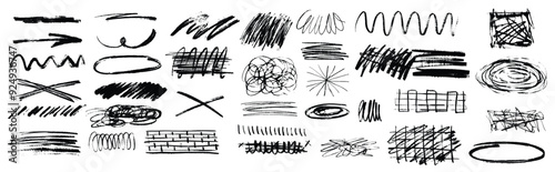 Grunge scrawl underlines, charcoal scribble highlights, rough brush strokes, circles, stars. Bold charcoal freehand textures, stripes, crosses and ink shapes. Pencil drawing, vector illustration