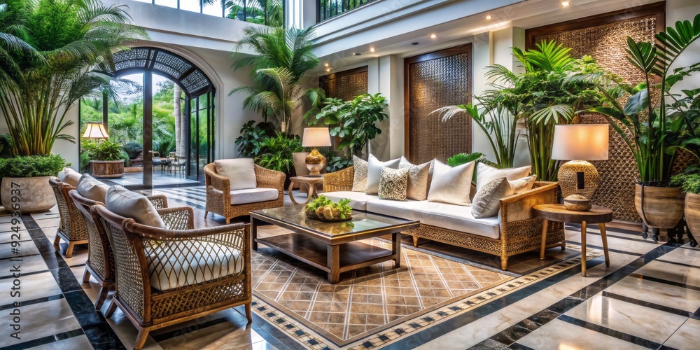 Fototapeta premium Elegant Javanese-inspired hotel lobby features woven rattan sofa with white seats, glass table, and lush plants, set against a stunning stone-patterned floor backdrop.