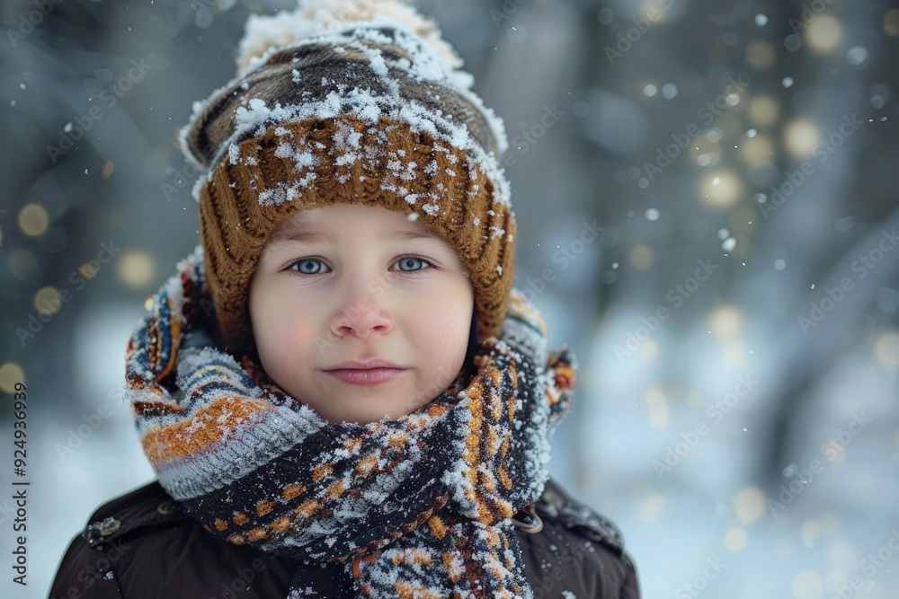 Young boy wearing knit hat and scarf standing in falling snow Young boy wearing knit hat and scarf standing in falling snow