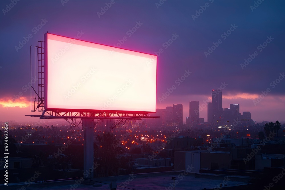 Illuminated Billboard Above City Skyline at Dusk Illuminated Billboard Above City Skyline at Dusk