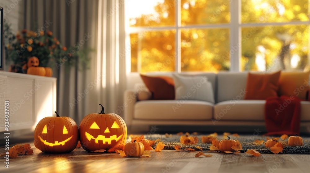 Obraz premium Homey living room in Halloween and autumn time wallpaper decorate by pumpkins.