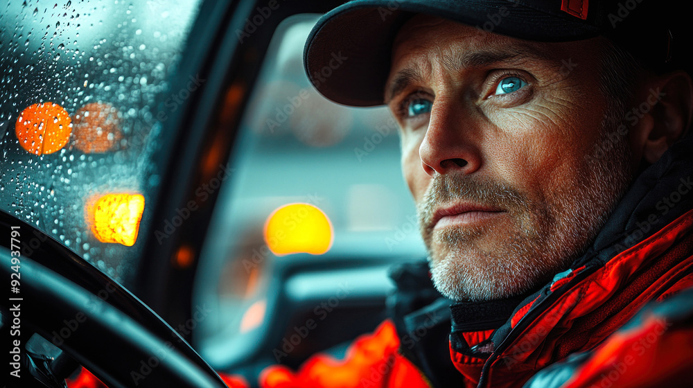 Focused driver in red raincoat behind wheel with lights Focused driver in red raincoat behind wheel with lights