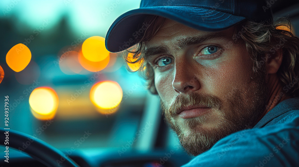 Blurred city lights with driver in cap behind the wheel Blurred city lights with driver in cap behind the wheel