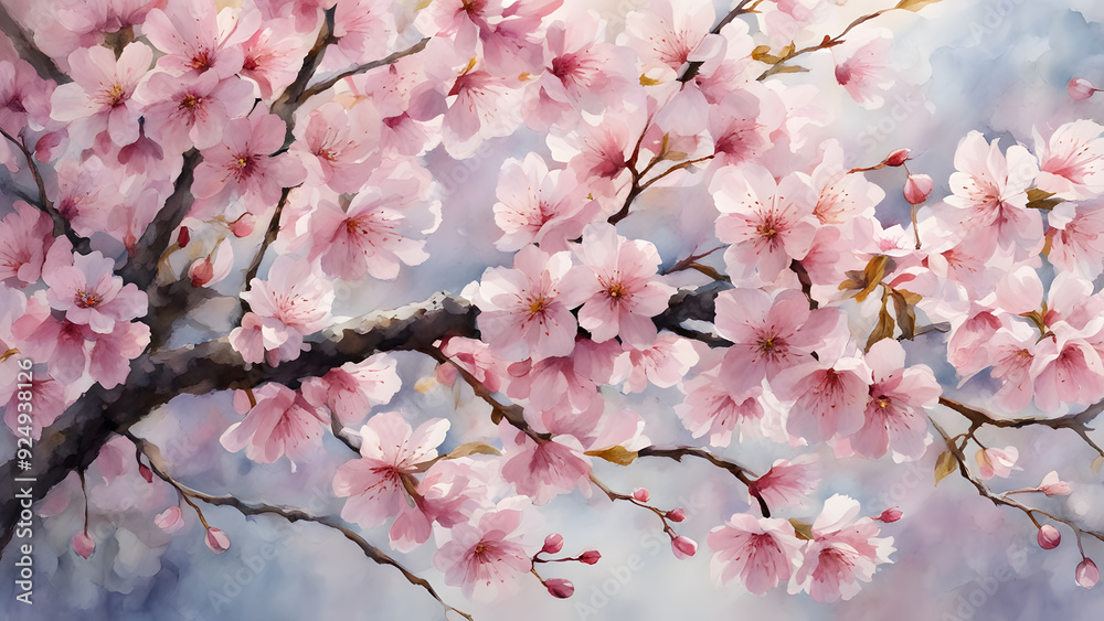 Cherry blossoms in full bloom against a blue sky with pink petals and branches in springtime Cherry blossoms in full bloom against a blue sky with pink petals and branches in springtime