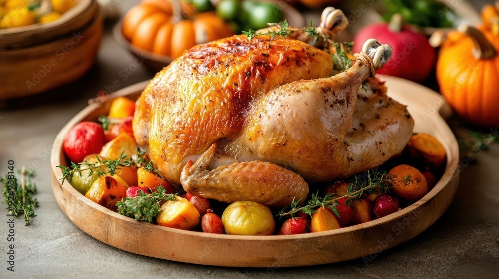 A festive roasted chicken on a harvestthemed table, seasonal vegetables, rustic setting, natural light, warm colors, autumninspired A festive roasted chicken on a harvestthemed table, seasonal vegetables, rustic setting, natural light, warm colors, autumninspired