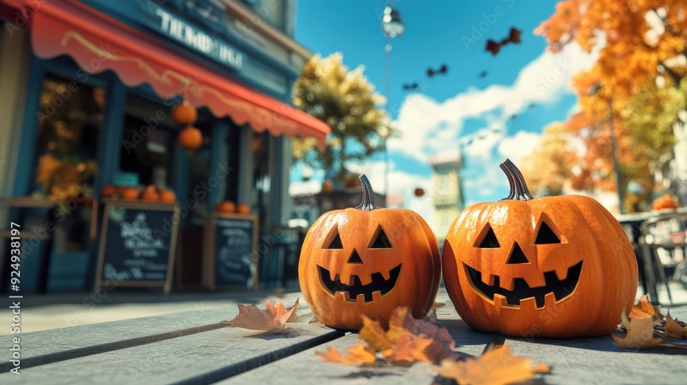 Halloween time decorate with pumpkins and bats in restaurant blur background. Halloween time decorate with pumpkins and bats in restaurant blur background.