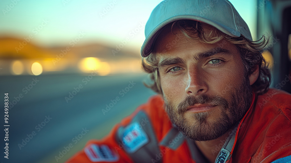 Young man in a cap leaning against vehicle smiling. Young man in a cap leaning against vehicle smiling.