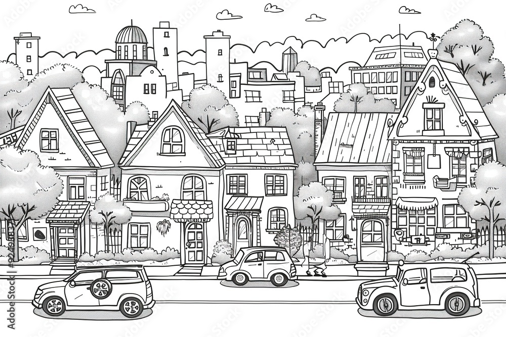 Black and white illustration of a charming neighborhood with houses, trees, and people walking on the street, featuring a whimsical and detailed style Black and white illustration of a charming neighborhood with houses, trees, and people walking on the street, featuring a whimsical and detailed style