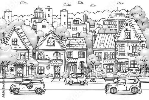 Black and white illustration of a charming neighborhood with houses, trees, and people walking on the street, featuring a whimsical and detailed style