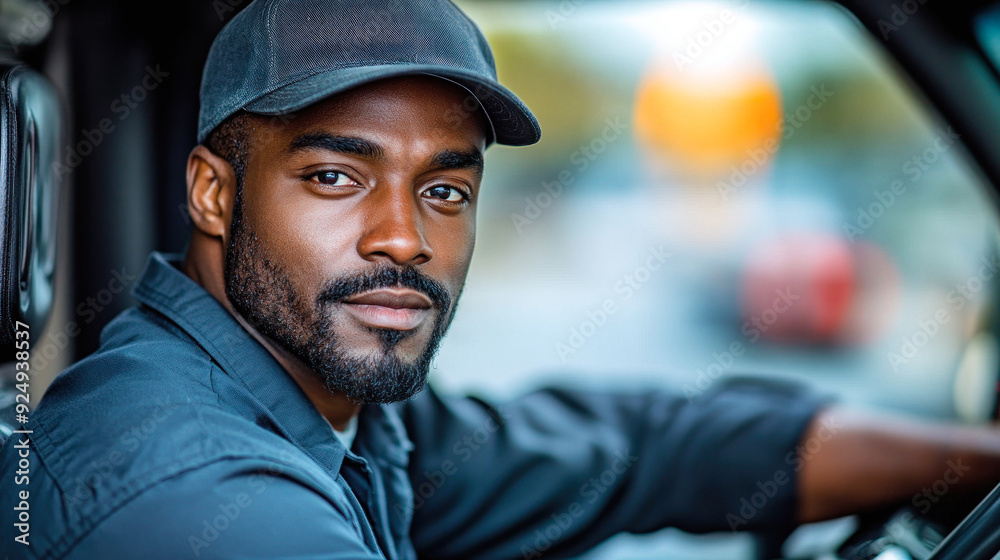 Man with cap driving vehicle, composed expression inside.