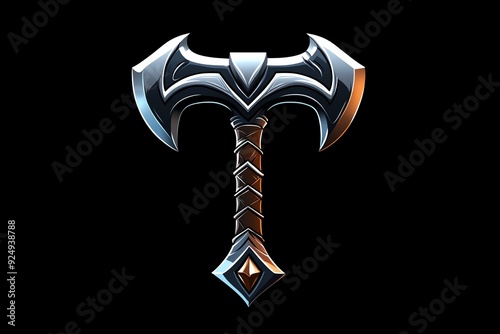 A double-headed axe with a silver blade and intricate handle on a black background. photo