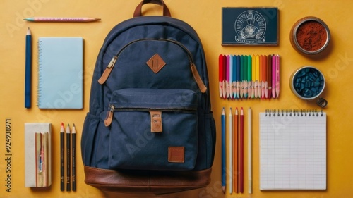 Flat lay of school essentials with books and pencils