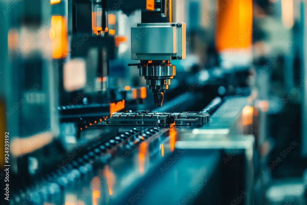 Close-up of advanced CNC machine in a modern industrial factory, depicting precision manufacturing and automated technology. Close-up of advanced CNC machine in a modern industrial factory, depicting precision manufacturing and automated technology.