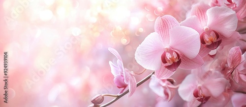 Delicate pink soft background featuring orchid flowers Floral greeting card spring concept Copy space