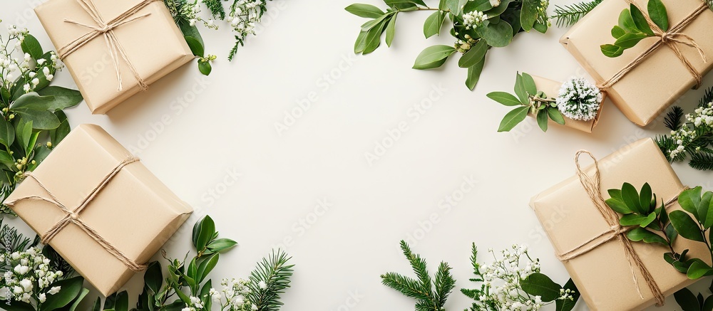 Eco friendly arrangement featuring gift boxes made from craft reusable paper twine and floral decorations on a white background Holiday zero waste idea. with copy space image Eco friendly arrangement featuring gift boxes made from craft reusable paper twine and floral decorations on a white background Holiday zero waste idea. with copy space image