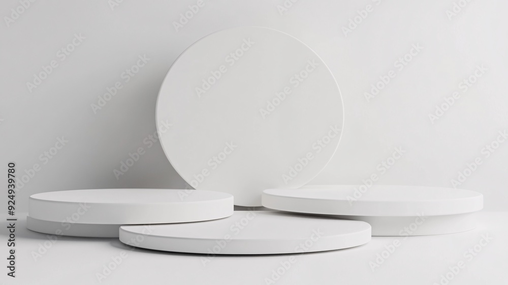 A contemporary product podium featuring a series of stacked, circular platforms with varying diameters. The podium is designed to create a visually interesting display, with the product positioned on A contemporary product podium featuring a series of stacked, circular platforms with varying diameters. The podium is designed to create a visually interesting display, with the product positioned on