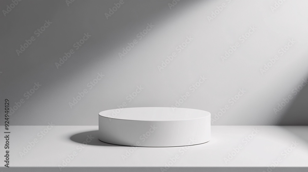 Fototapeta premium A minimalist, circular podium designed to elevate a single product. The podium features a smooth, matte finish that contrasts with the product's glossy surface. The product is positioned at the
