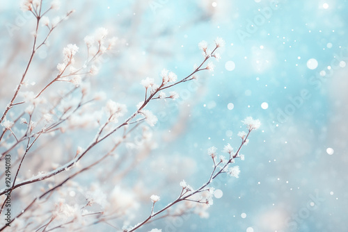 Frosted branches with delicate snowflakes in a soft blue background, capturing the elegance and tranquility of winter with a focus on natural beauty and subtle light.