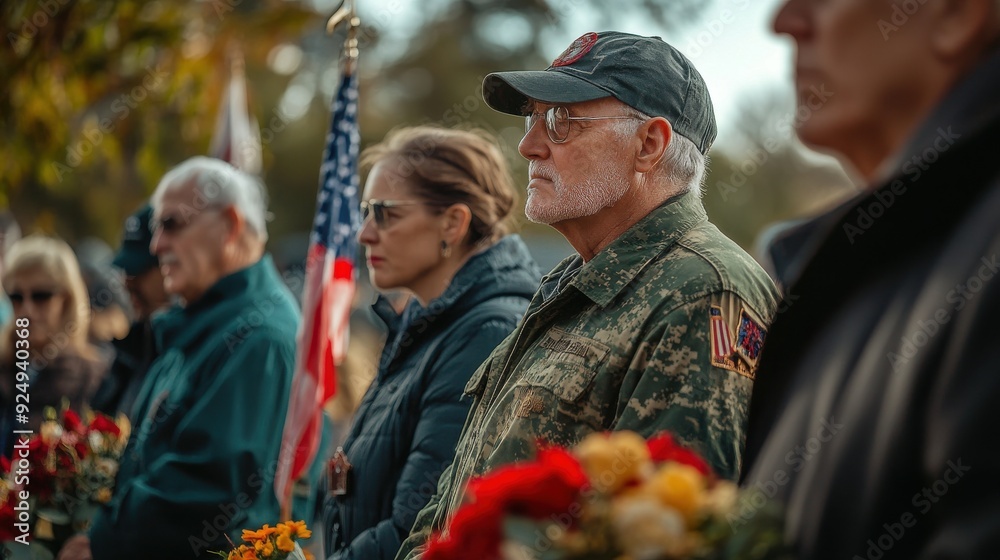 Fototapeta premium A solemn Veterans Day ceremony with veterans standing at attention, a crowd holding flags and flowers, and a monument serving as a poignant reminder of service and sacrifice