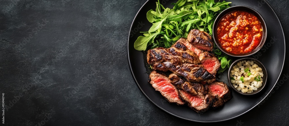 Korean cuisine featuring homemade beef steak and garlic barbecue accompanied by baby leaf vegetables for gourmet comfort food. with copy space image. Place for adding text or design Korean cuisine featuring homemade beef steak and garlic barbecue accompanied by baby leaf vegetables for gourmet comfort food. with copy space image. Place for adding text or design