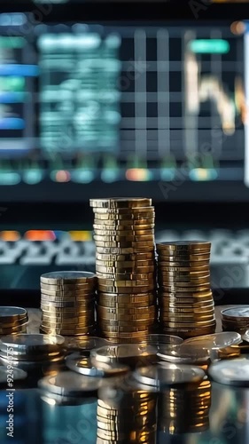 Stack of coins on the table with stock market background, business and finance concept