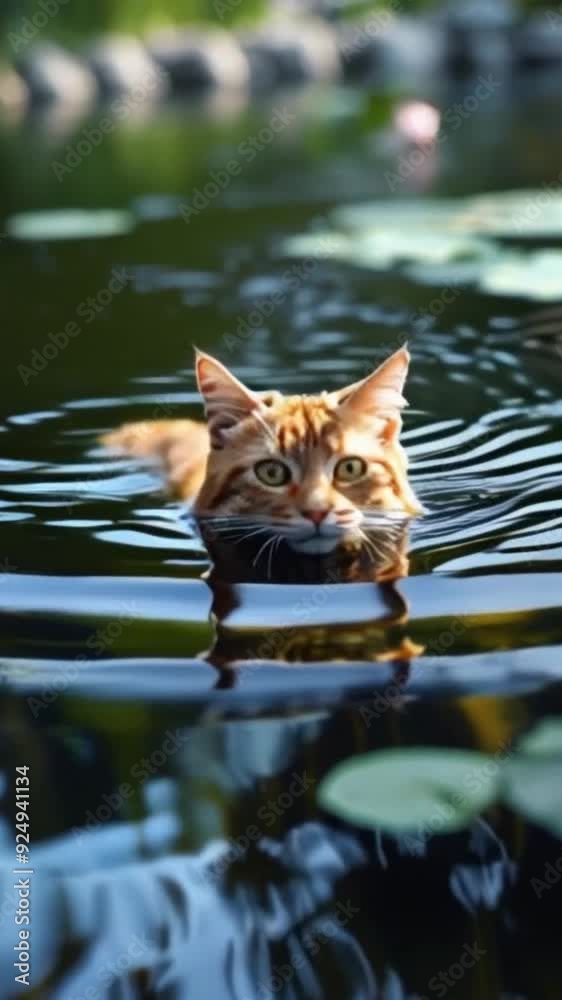 Cute ginger cat swimming in the pond with reflection in the water Cute ginger cat swimming in the pond with reflection in the water