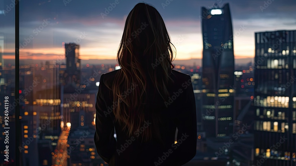 Silhouette of a woman watching a city skyline at sunset, capturing a moment of reflection and contemplation in an urban setting. Silhouette of a woman watching a city skyline at sunset, capturing a moment of reflection and contemplation in an urban setting.