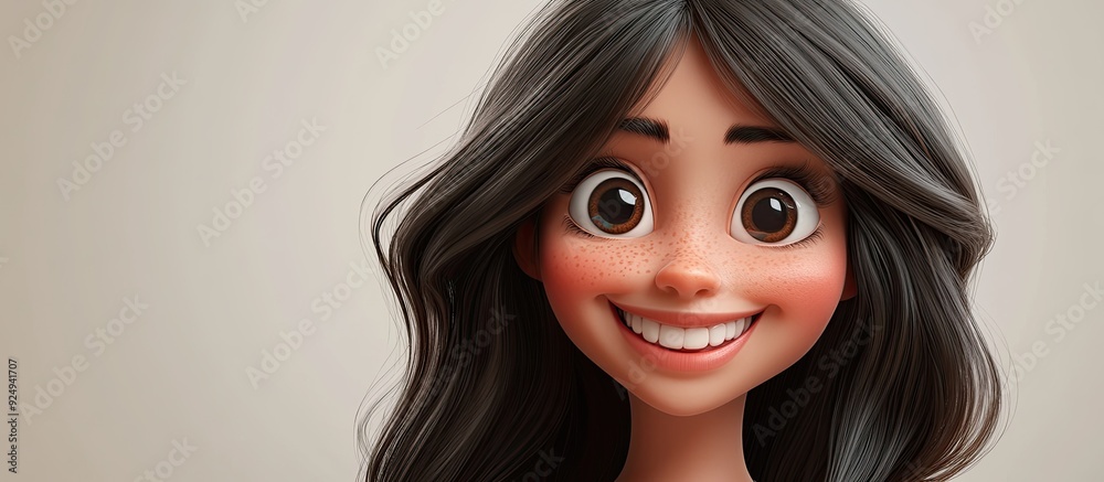 3D Cartoon Portrait of a Cheerful Brunette Character with a Bright Smile and Dark Hair Set Against a Soft Background 3D Cartoon Portrait of a Cheerful Brunette Character with a Bright Smile and Dark Hair Set Against a Soft Background