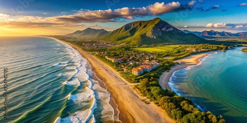 Fototapeta Naklejka Na Ścianę i Meble -  Breathtaking drone panoramic view of Circeo Mountain overlooking the vast, pristine Mediterranean coastline with gentle waves and golden sandy beach in Italy.