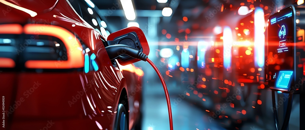 A modern red electric car charging at a sleek station, showcasing advancements in eco-friendly transportation technology. EV chargers hologram concept. A modern red electric car charging at a sleek station, showcasing advancements in eco-friendly transportation technology. EV chargers hologram concept.