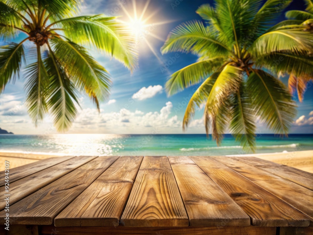 Warm and inviting summer product display on a rustic wooden table set against a serene tropical beach backdrop with sandy shores and swaying palm trees. Warm and inviting summer product display on a rustic wooden table set against a serene tropical beach backdrop with sandy shores and swaying palm trees.