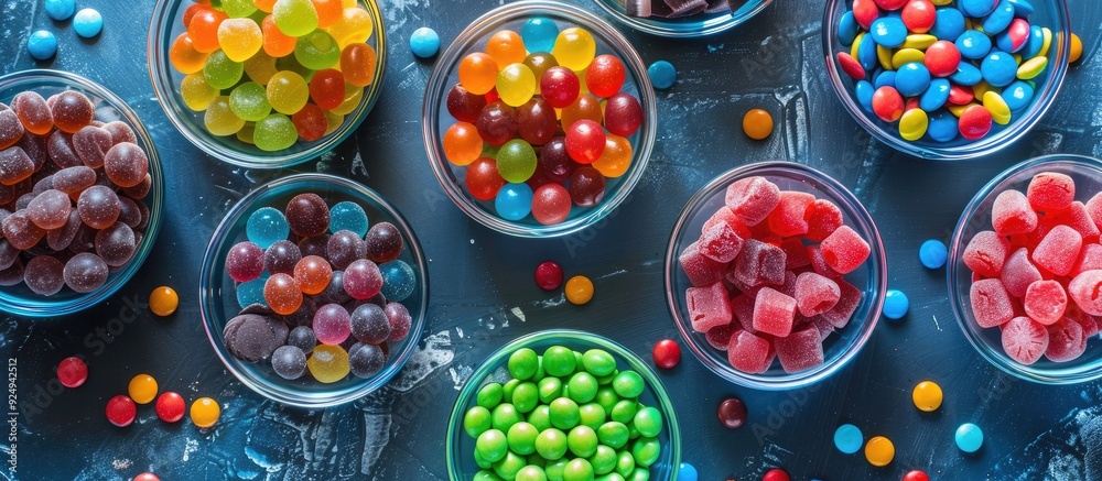 Various colored round candies in a bowl and jars A top view of a large selection of sweets and candies with copy space Various colored round candies in a bowl and jars A top view of a large selection of sweets and candies with copy space