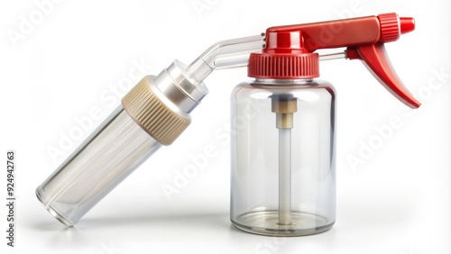 A clear plastic bottle of strong-hold adhesive spray with a distinctive nozzle and cap, isolated on a white background, ready for crafting and repairs. photo