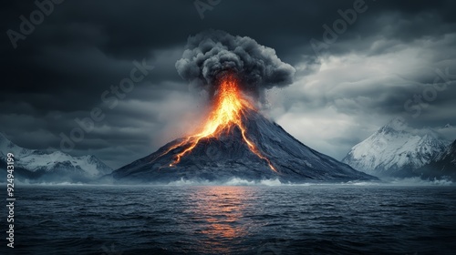 A dramatic volcanic eruption over the ocean with dark clouds and flowing lava, showcasing the power of nature.