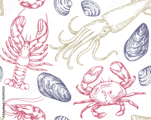 seamless pattern of sea animals and shells, illustration in sketch style. sea ​​food